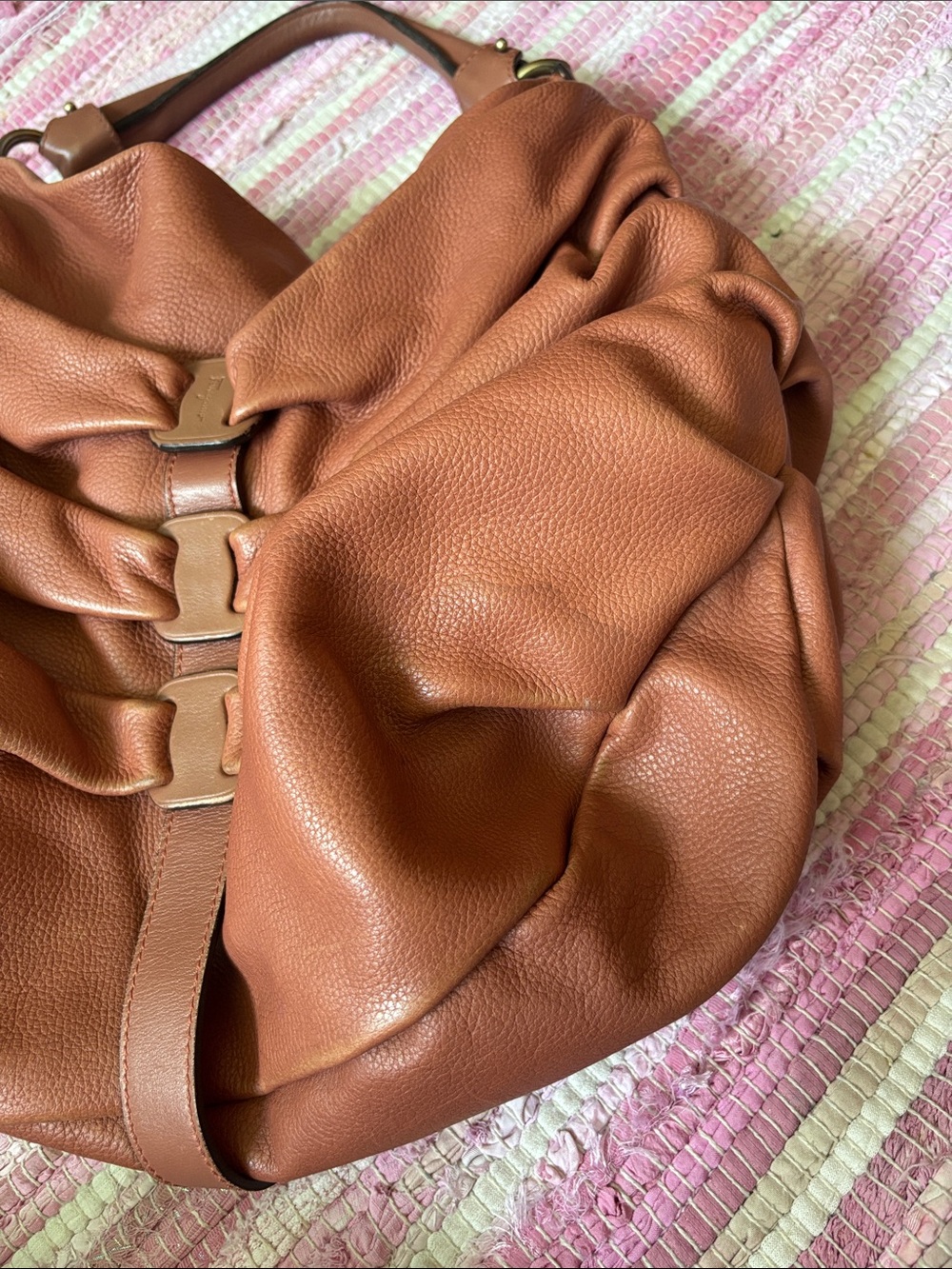 Ferragamo Soft Ruched Medium Hobo Shoulder Bag in Cognac Brown - Picture 7 of 11
